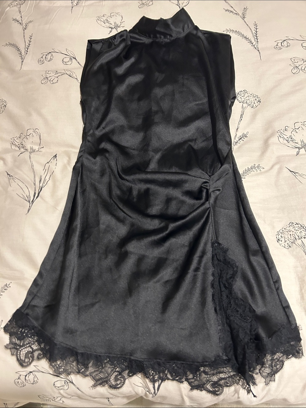Zara Black Satin Slip Dress with Lace Hem